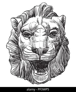 Ancient relief, sculpture  in form of a lion's head, vector hand drawing illustration in black color isolated on white background Stock Vector