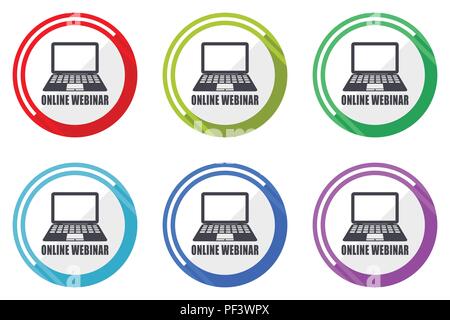 Online webinar editable flat vector icons collection, round circle web buttons, set of colorful computer and smartphone application signs easy to edit Stock Vector