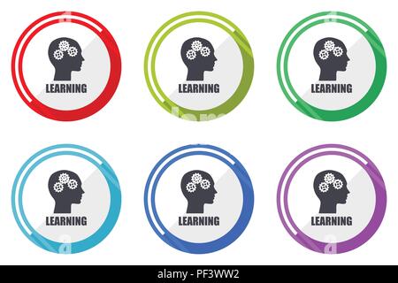 Learning editable flat vector icons collection, round circle web buttons, set of colorful computer and smartphone application signs easy to edit Stock Vector