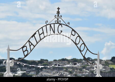 Wraught Iron bathing Pool Sign at Penzance Jubilee Swimming Pool, Cornwall Stock Photo