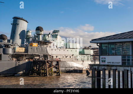HMS Belfast moored on the River Thames, London. Stock Photo