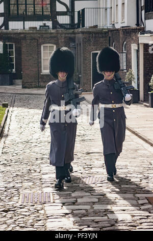 Queens Guards in  Winter Uniform in the Tower of London Stock Photo