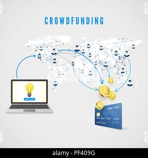Crowdfunding. People from global network donating money for Business Idea and help develop project. vector illustration Stock Vector