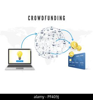 Crowdfunding concept. People from global network donating money for Business Idea and help develop project. vector illustration Stock Vector