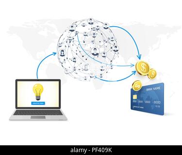 Crowdfunding concept promotion of business idea in network and collection money for launch development project. vector illustration Stock Vector