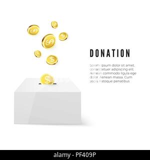 Donation. Donate money concept. Golden coin fund in money box. Vector illustration isolated on white background Stock Vector