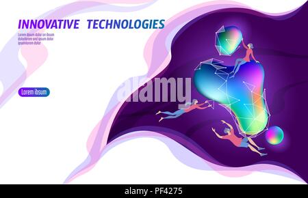 3D augmented reality virtual media space. Small men around glowing neon fluid liquid color sphere. Digital entertainment innovation home technology render gradient dynamic vector illustration Stock Vector