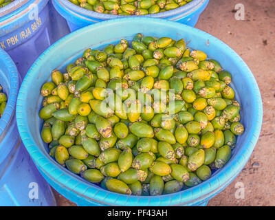 Betel nuts in the blue basket on the bazaar in Wamena city. The name of the fruit is Bethel. Used as a stimulant in Indonesia Stock Photo