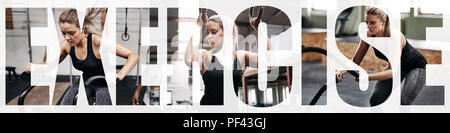 Collage of a fit young woman working out with various equipment in a gym with an overlay of the word exercise Stock Photo