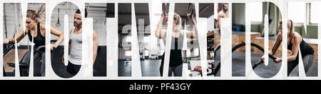 Collage of a fit young woman working out alone and with a partner in a gym with an overlay of the word motivation Stock Photo