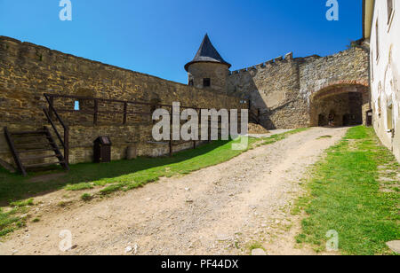 Stara Lubovna, Slovakia - AUG 28, 2016: inner courtyard of old medieval castle. tower and entrance in to the castle. popular tourist destination Stock Photo