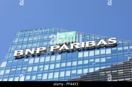 MILAN, ITALY - JULY 30, 2018: BNP Paribas office building at Repubblica square in Milan city centre, Italy Stock Photo