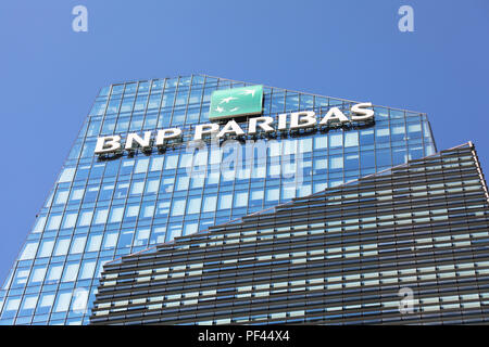 MILAN, ITALY - JULY 30, 2018: BNP Paribas office building at Repubblica square in Milan city centre, Italy Stock Photo