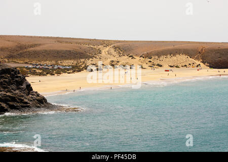 Amazing aerial view of Playas de Papagayo beaches with sand dunes in Costa del Rubicon coast, Lanzarote, Canary Islands Stock Photo