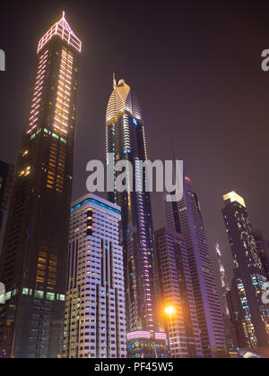 Dubai, UAE - May 15, 2018: Night view of Dubai Downtown with skyscrapers.