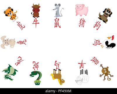 Illustrated Chinese Horoscope year icons illustrated with Chinese character and animals on white with copy space. Stock Vector