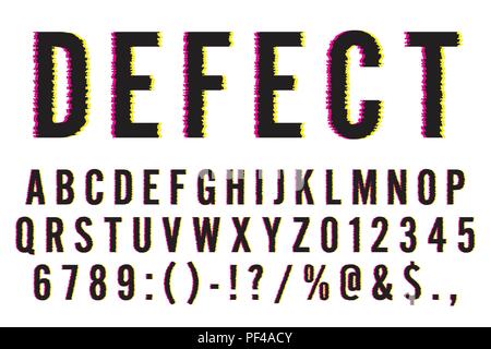 Trendy Distorted Glitch Font Typeface Letters, Numbers and Symbols Vector Illustration Stock Vector