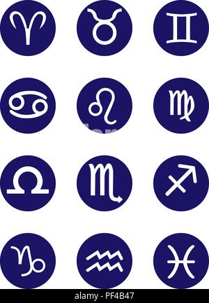 On the blue circle zodiac signs icons, flat image Stock Vector