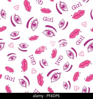 Girly eyes and lips seamless pattern. Vector illustration isolated on white background. Stock Vector