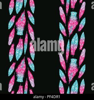 Vector Background with stripes of bright hand drawn feathers isolated on black Stock Vector