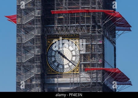 Elizabeth Tower (Big Ben) and the Palace of Westminster covered in scaffolding during maintenance work, London England United Kingdom UK Stock Photo