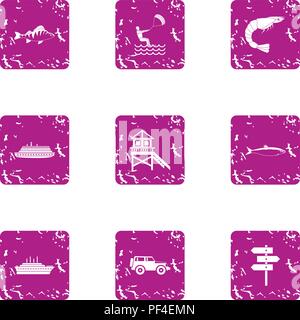 Coast fan icons set, grunge style Stock Vector