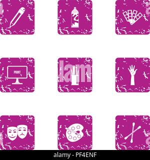 Cyberattack icons set, grunge style Stock Vector