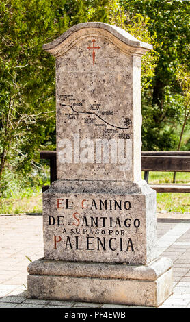 Waymarker signpost in the region of Palencia guiding pilgrims walking the Camino de Santiago the way of St James pilgrimage route Spain Stock Photo