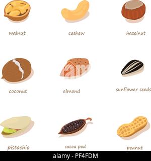 Variety of nuts icons set, isometric style Stock Vector