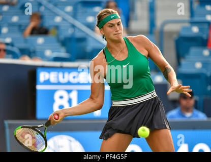 Ohio, USA. 18 August 2018.  Aryna Sabalenka (BLR) loses to Simona Halep (ROU) 6-3, 6-4, at the Western & Southern Open being played at Lindner Family Tennis Center in Mason, Ohio. © Leslie Billman/Tennisclix/CSM Credit: Cal Sport Media/Alamy Live News Stock Photo