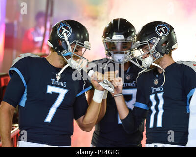 Nashville, USA. 18 August 2018. Tennessee Titans quarterback Blaine Gabbert (7), Tennessee Titans quarterback Marcus Mariota (8), and Tennessee Titans quarterback Luke Falk (11) get ready to head to the field during pre-game between the Tampa Bay Buccaneers and the Tennessee Titans and Nissan Stadium . (Mandatory Photo Credit: Steve Roberts/CSM) Credit: Cal Sport Media/Alamy Live News Stock Photo