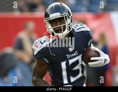 Nashville, USA. 18 August 2018. Tennessee Titans wide receiver Taywan Taylor (13) warms up during pre-game between the Tampa Bay Buccaneers and the Tennessee Titans and Nissan Stadium . (Mandatory Photo Credit: Steve Roberts/CSM) Credit: Cal Sport Media/Alamy Live News Stock Photo