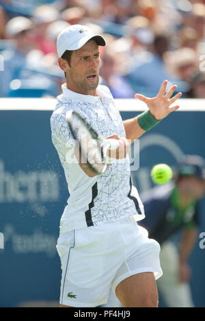 Cincinnati, OH, USA. 18th Aug, 2018. Western and Southern Open Tennis, Cincinnati, OH - August 18, 2018 - Novak Djokovic in action against Marin Cilic in the semi finals of the Western and Southern Tennis tournament held in Cincinnati. - Photo by Wally Nell/ZUMA Press Credit: Wally Nell/ZUMA Wire/Alamy Live News Stock Photo