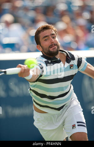 Cincinnati, OH, USA. 18th Aug, 2018. Western and Southern Open Tennis, Cincinnati, OH - August 18, 2018 - Marin Cilic in action against Novak Djokovic in the semi finals of the Western and Southern Tennis tournament held in Cincinnati. - Photo by Wally Nell/ZUMA Press Credit: Wally Nell/ZUMA Wire/Alamy Live News Stock Photo