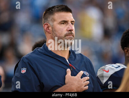 Nashville, USA. 18 August 2018. Tennessee Titans head coach Mike Vrabel during the first period between the Tampa Bay Buccaneers and the Tennessee Titans and Nissan Stadium . (Mandatory Photo Credit: Steve Roberts/CSM) Credit: Cal Sport Media/Alamy Live News Stock Photo