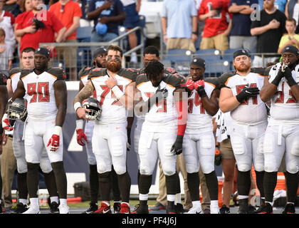 Nashville, USA. 18 August 2018. Tampa Bay Buccaneers stand during the National Anthem during the first period between the Tampa Bay Buccaneers and the Tennessee Titans and Nissan Stadium . (Mandatory Photo Credit: Steve Roberts/CSM) Credit: Cal Sport Media/Alamy Live News Stock Photo