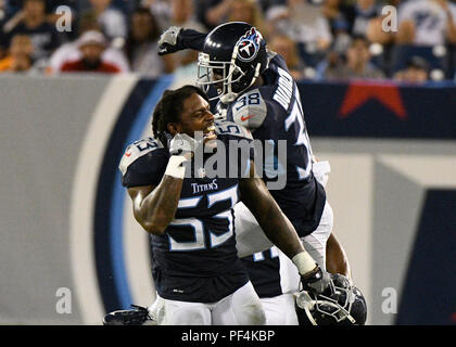 Nashville, USA. 18 August 2018. Tennessee Titans linebacker Daren Bates (53) gets flagged for taunting during the second half between the Tampa Bay Buccaneers and the Tennessee Titans and Nissan Stadium . (Mandatory Photo Credit: Steve Roberts/CSM) Credit: Cal Sport Media/Alamy Live News Stock Photo