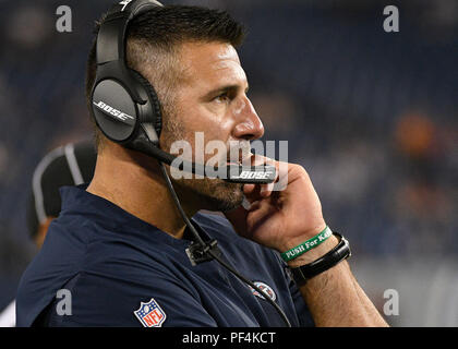 Nashville, USA. 18 August 2018. Tennessee Titans head coach Mike Vrabel watches during the second half between the Tampa Bay Buccaneers and the Tennessee Titans and Nissan Stadium . (Mandatory Photo Credit: Steve Roberts/CSM) Credit: Cal Sport Media/Alamy Live News Stock Photo