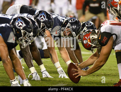 Nashville, USA. 18 August 2018. Tennessee Titans outside linebacker Tony Washington (49) waits for the snapduring the second half between the Tampa Bay Buccaneers and the Tennessee Titans and Nissan Stadium . (Mandatory Photo Credit: Steve Roberts/CSM) Credit: Cal Sport Media/Alamy Live News Stock Photo