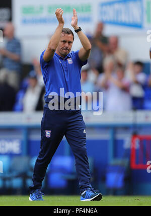 Ipswich, UK.. 18th Aug, 2018. Manager of Ipswich Town, Paul Hurst applauds the home fans - Ipswich Town v Aston Villa, Sky Bet Championship, Portman Road, Ipswich - 18th August 2018 Credit: Richard Calver/Alamy Live News Stock Photo