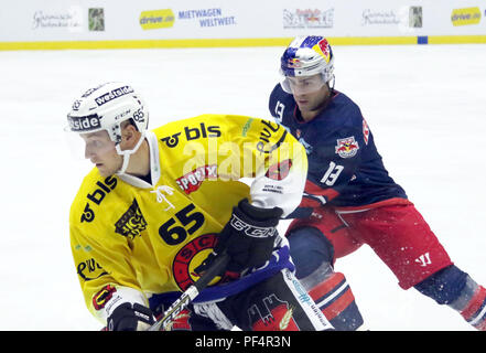 August 18, 2018 - Garmisch-Patenkirchen, Germany - from left Ramon UNTERSANDER (Bern), Michael SCHIECHL (Salzburg), .Ice Hockey, preparations tournament Red Bulls Salute 2018, Red Bull Salzburg vs SC Bern. Olympia Ice Rink, Garmisch-Patenkirchen, Germaany, .the teams of Salzburg and Bern play for the victory in this traditional preparation tournament Credit: Wolfgang Fehrmann/ZUMA Wire/Alamy Live News Stock Photo