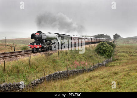 Yorkshire, UK. 19 August 2018. On a wet and overcast day, the famous Flying Scotsman steam locomotive hauls 'The Waverley' special on a York-Carlisle return trip. This is the first steam special to run over the Settle-Carlisle railway line without 'diesel assistance' for some weeks. Until this week the dry conditions required a diesel to be attached behind the steam loco on specials to reduce the likelihood of fires being started by hot discharges from the steam engine. Seen here near Horton-in-Ribblesdale in the Yorkshire Dales National Park. Credit: John Bentley/Alamy Live News Stock Photo