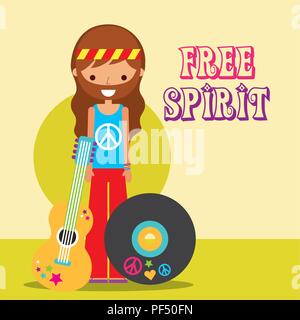 hippie man with guitar musical vinyl disc free spirit Stock Vector