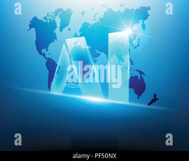 AI Letter Artificial intelligence with World map cyber data digital connection business system concept.Vector illustration Stock Vector
