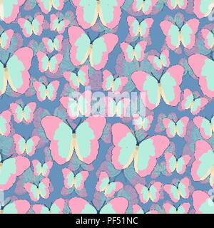 Butterfly cartoon drawing seamless pattern, vector background. Abstraction drawn insect with pastel pink turquoise wings on blue background. For fabri Stock Vector