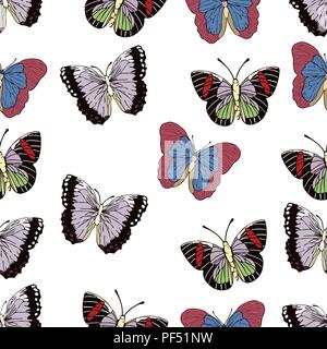 Butterfly cartoon drawing seamless pattern, vector background. Abstraction drawn insect with colorful pastel wings on white background. For fabric des Stock Vector