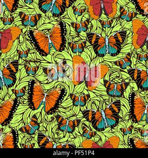 Butterfly cartoon drawing seamless pattern, vector background. Abstraction drawn insect with colorful bright wing on green textured background with cu Stock Vector