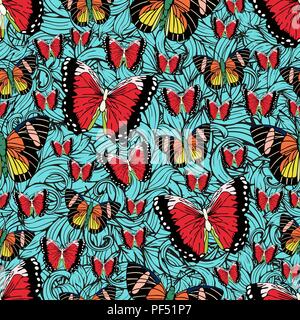 Butterfly cartoon drawing seamless pattern, vector background. Abstraction drawn insect with colorful bright wing on blue textured background with cur Stock Vector