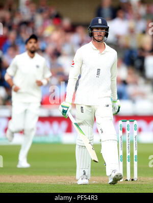 England's Keaton Jennings walks off after being caught out during day two of the Specsavers Third Test match at Trent Bridge, Nottingham. Stock Photo