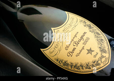 Tambov, Russian Federation - August 16, 2018 Close-up of Bottle of Champagne Dom Perignon Vintage 2005 in its box. Studio shot. Stock Photo